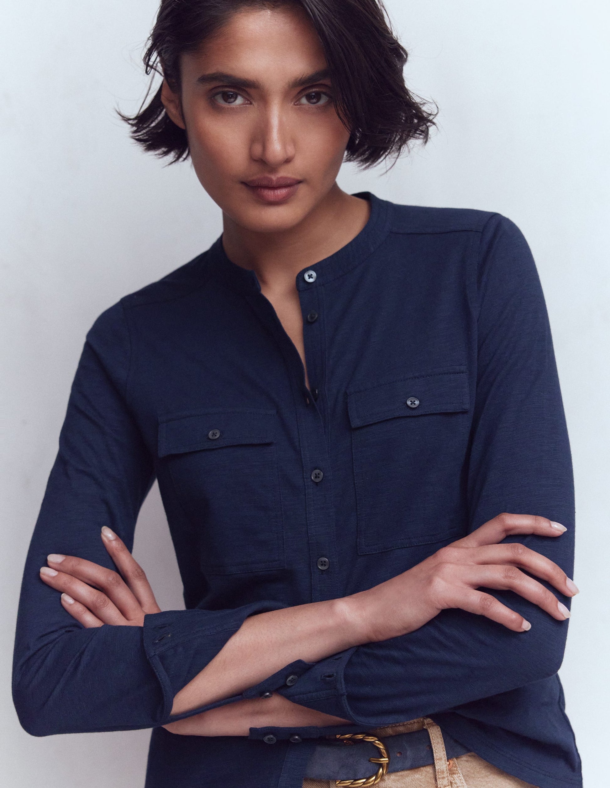 Hemd mit Steppnähten und Brusttasche-Marineblau-4