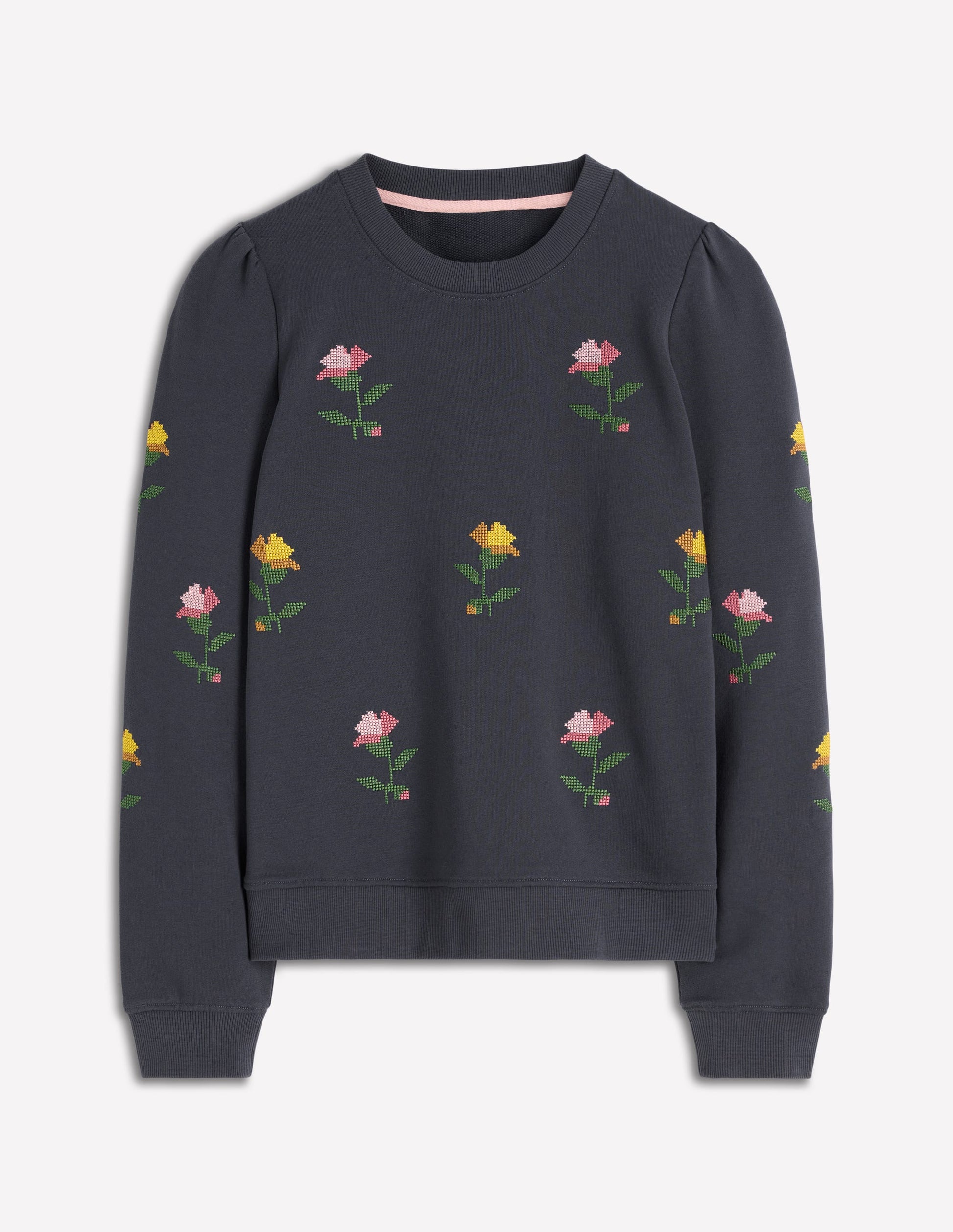 Bestickter Pullover mit Puffärmeln-Kreuzstich Blumenstickerei-5