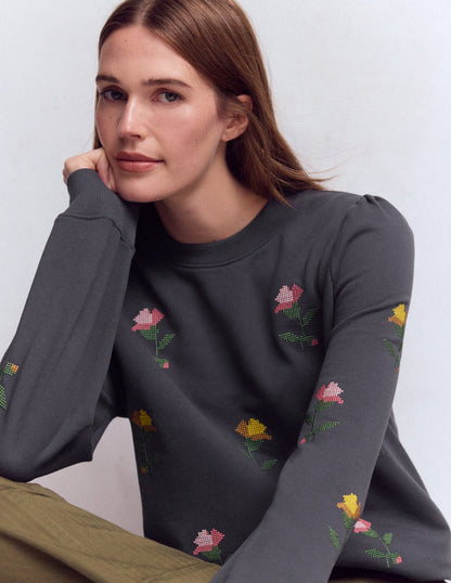 Bestickter Pullover mit Puffärmeln-Kreuzstich Blumenstickerei-1