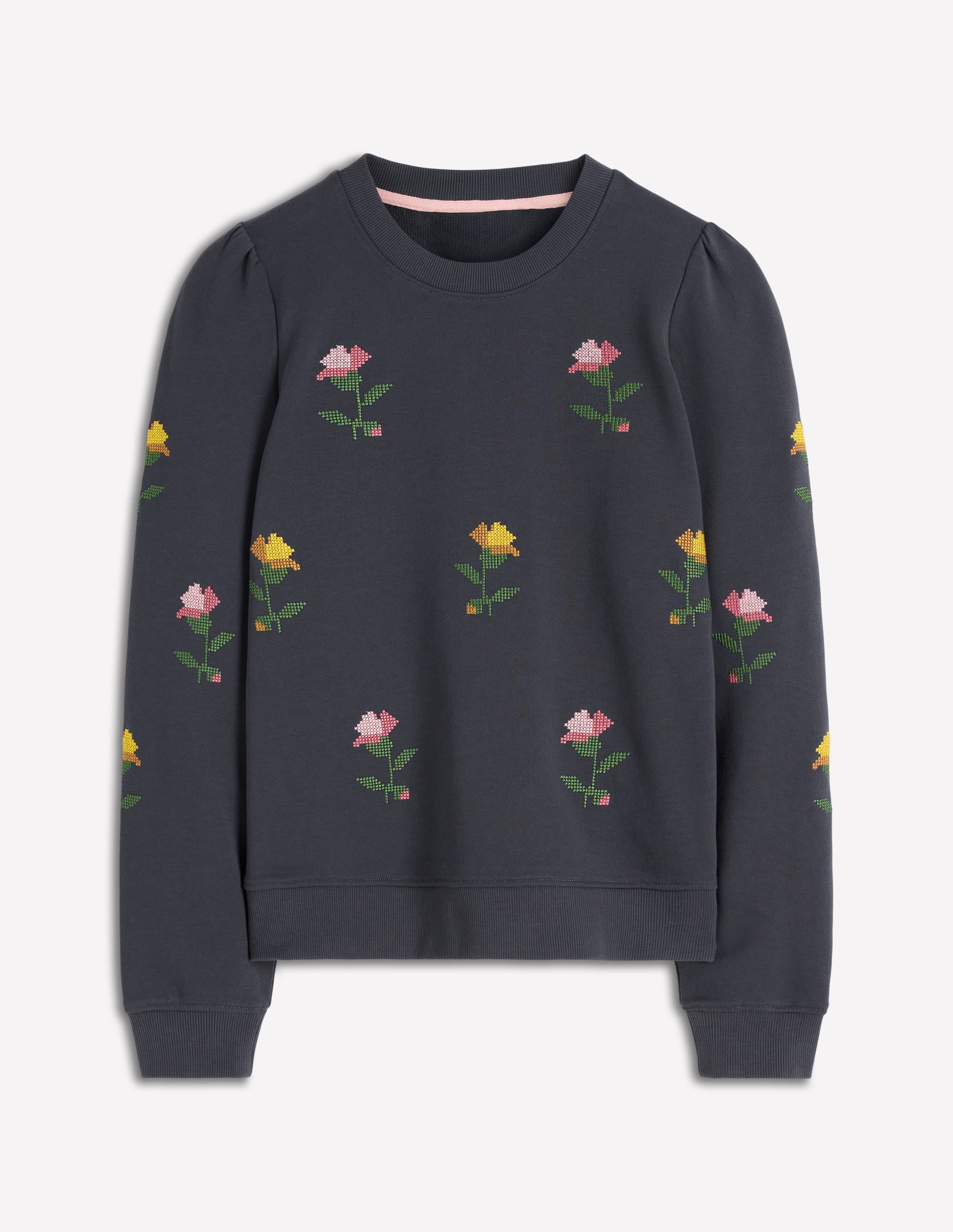 Puff Sleeve Embroidered Sweat-Cross Stitch Flower Embroidery - Image 5