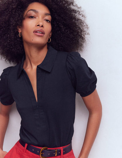 Short Sleeve Zip Collar Top-Navy-1