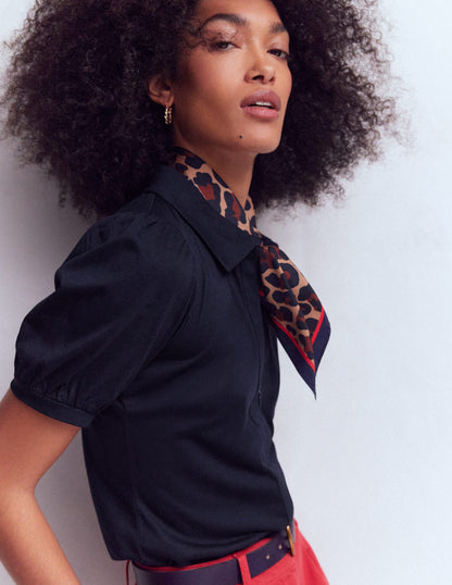 Short Sleeve Zip Collar Top-Navy-2