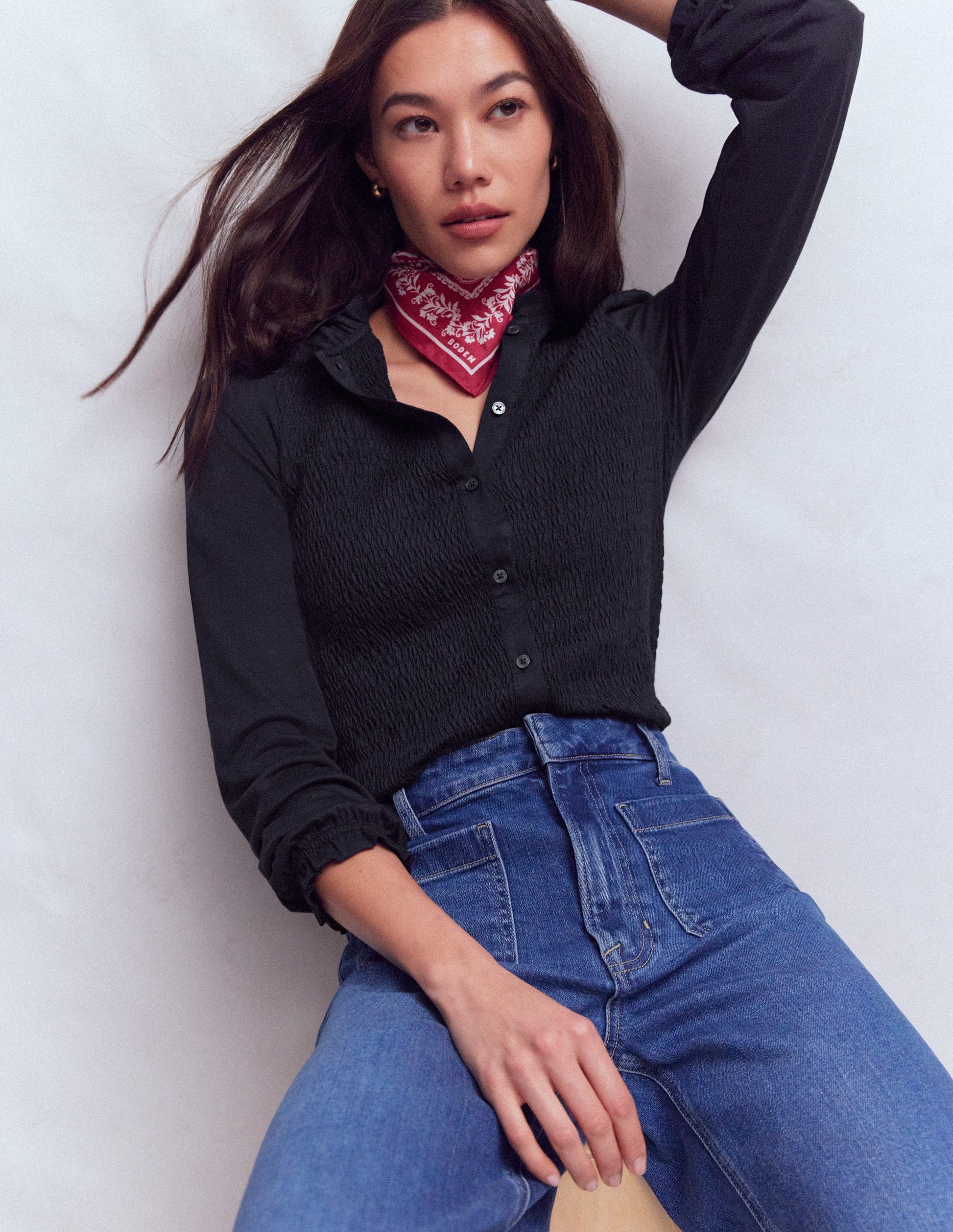 Superweiches, gesmoktes Oberteil mit Knöpfen-Marineblau-1