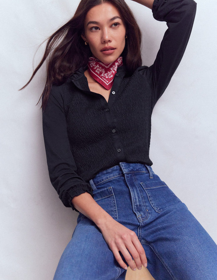 Superweiches, gesmoktes Oberteil mit Knöpfen-Marineblau