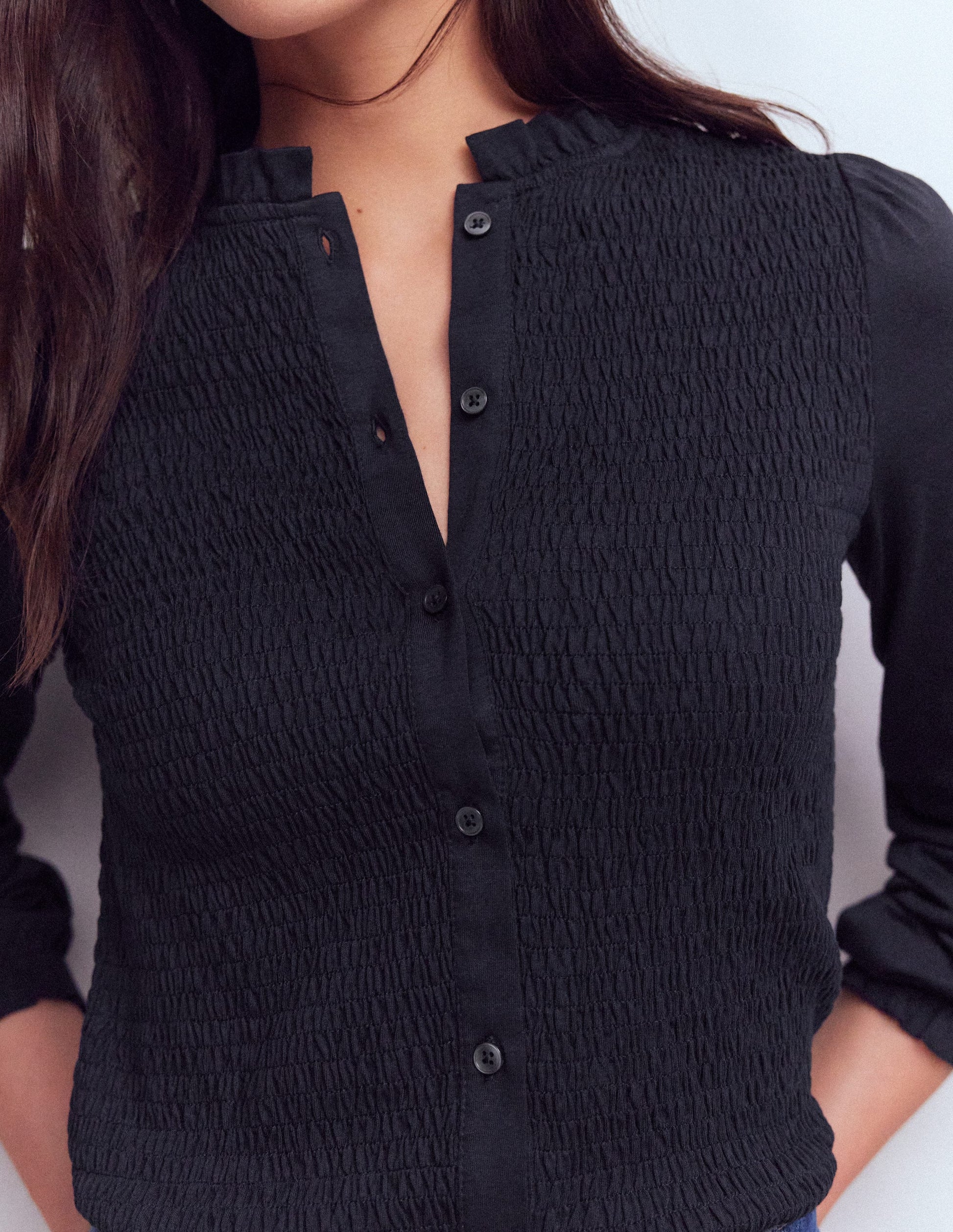 Superweiches, gesmoktes Oberteil mit Knöpfen-Marineblau-2