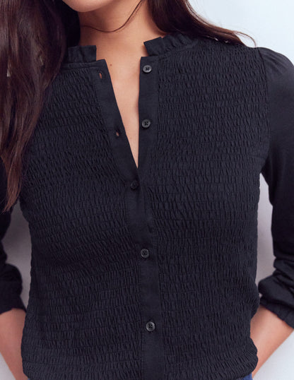 Superweiches, gesmoktes Oberteil mit Knöpfen-Marineblau-2