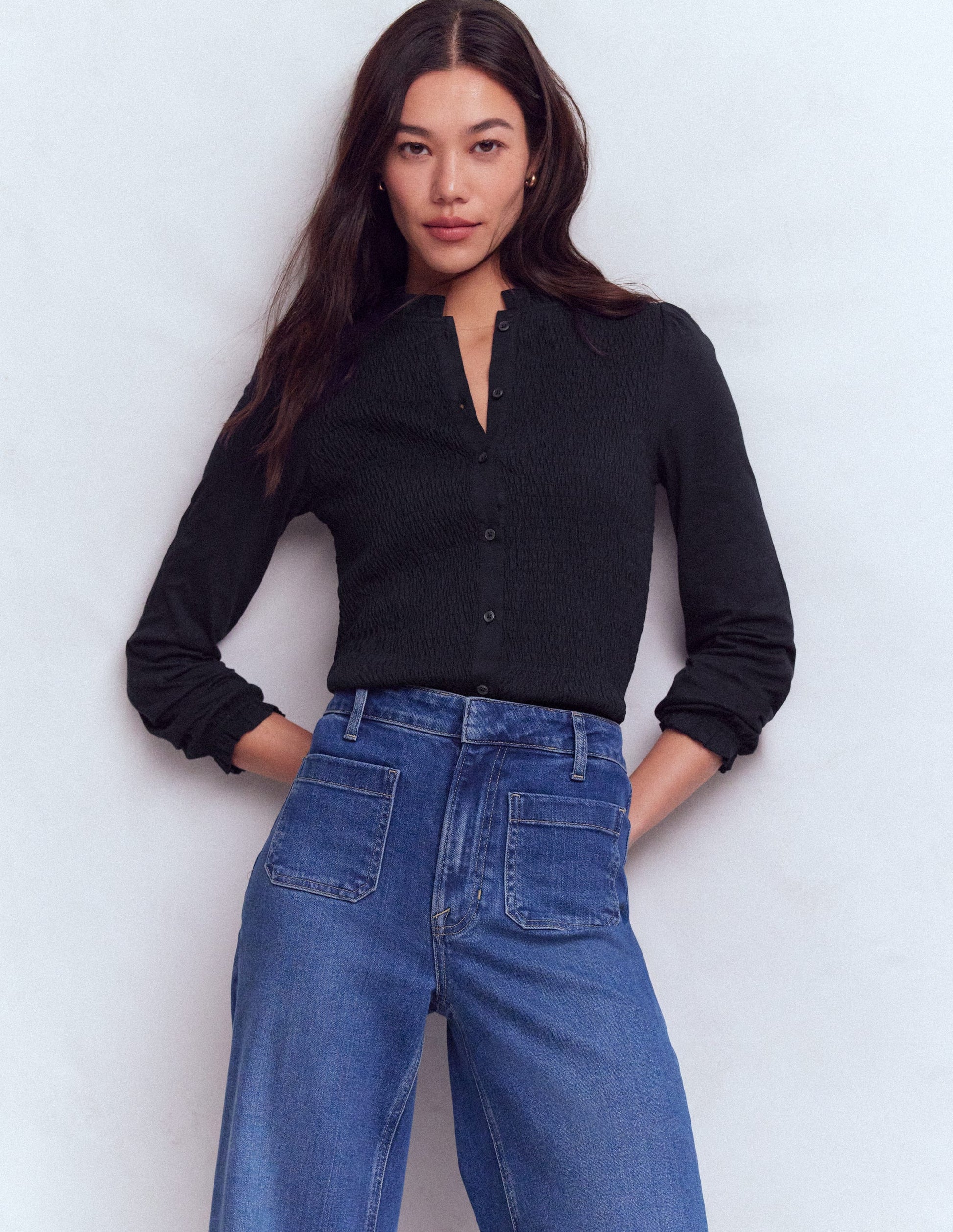 Superweiches, gesmoktes Oberteil mit Knöpfen-Marineblau-4