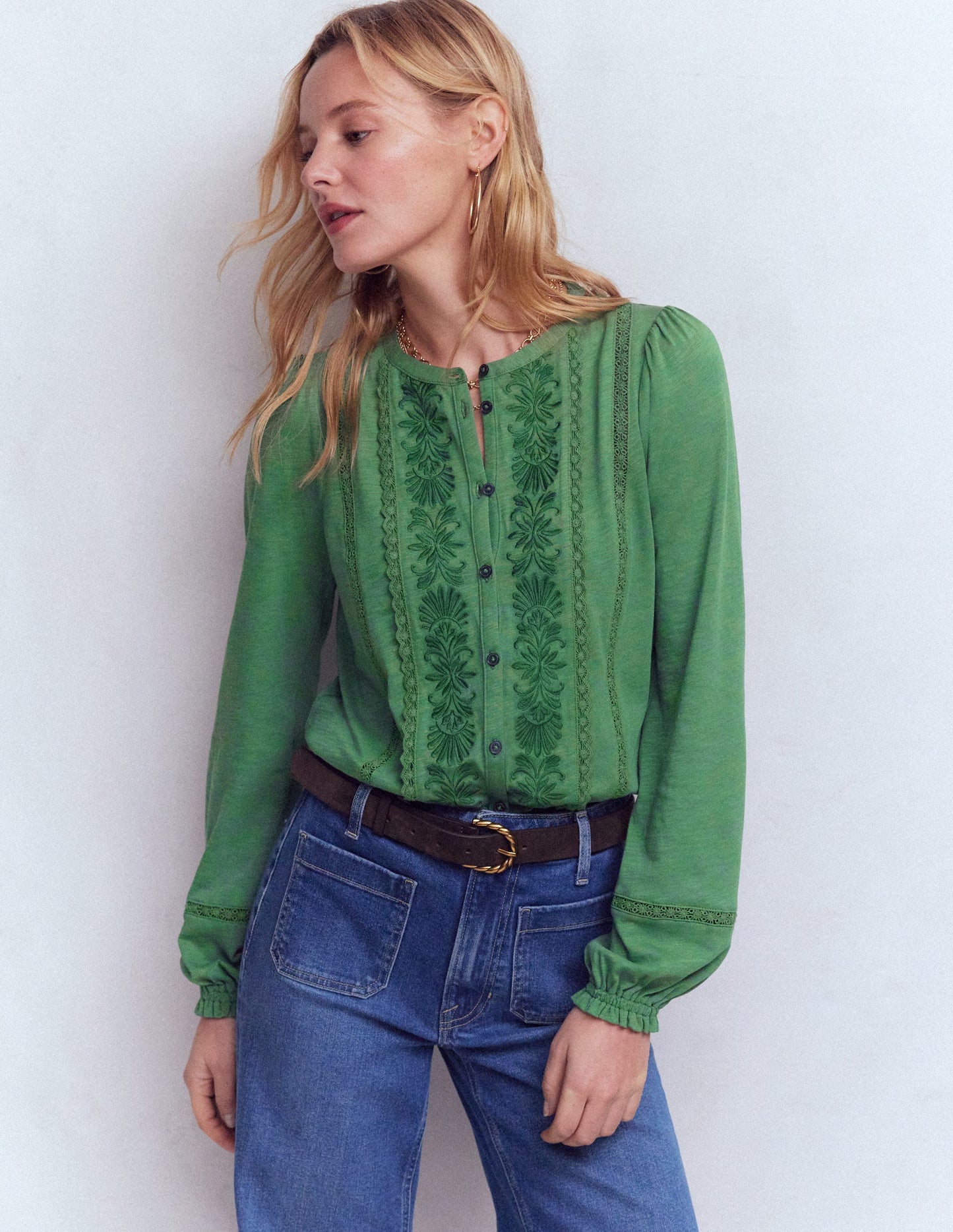 Chemise brodée en jersey-Vert Saule