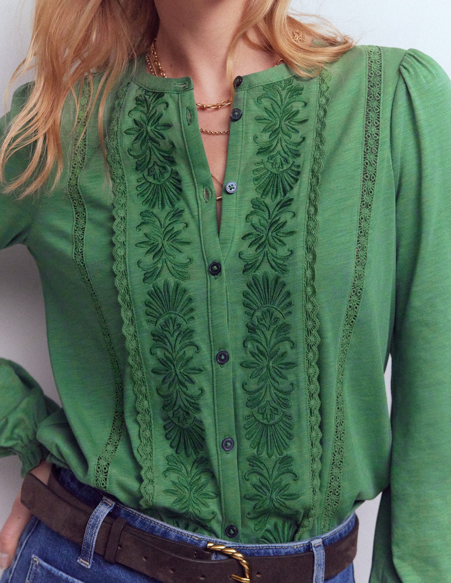 Chemise brodée en jersey-Vert Saule