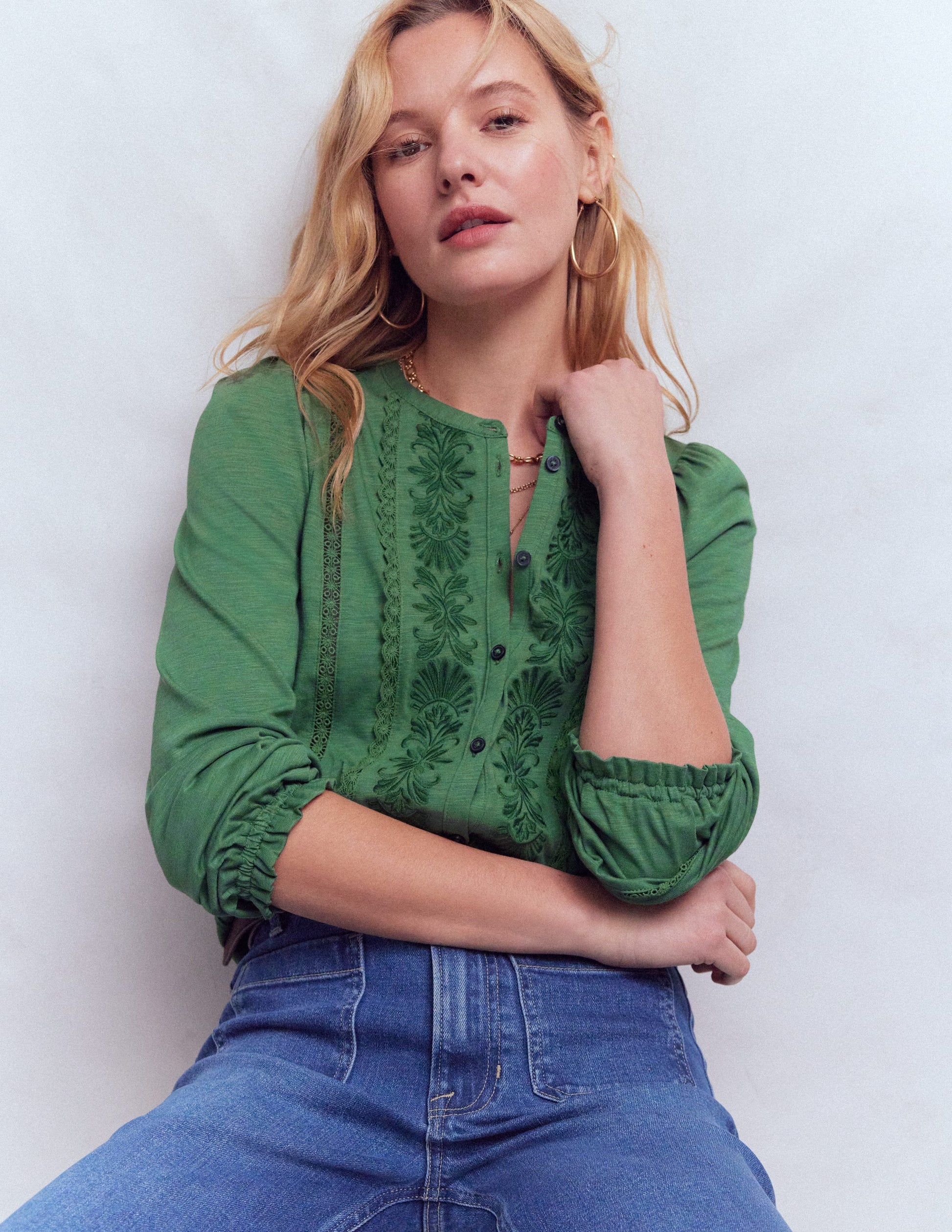 Chemise brodée en jersey-Vert Saule-4