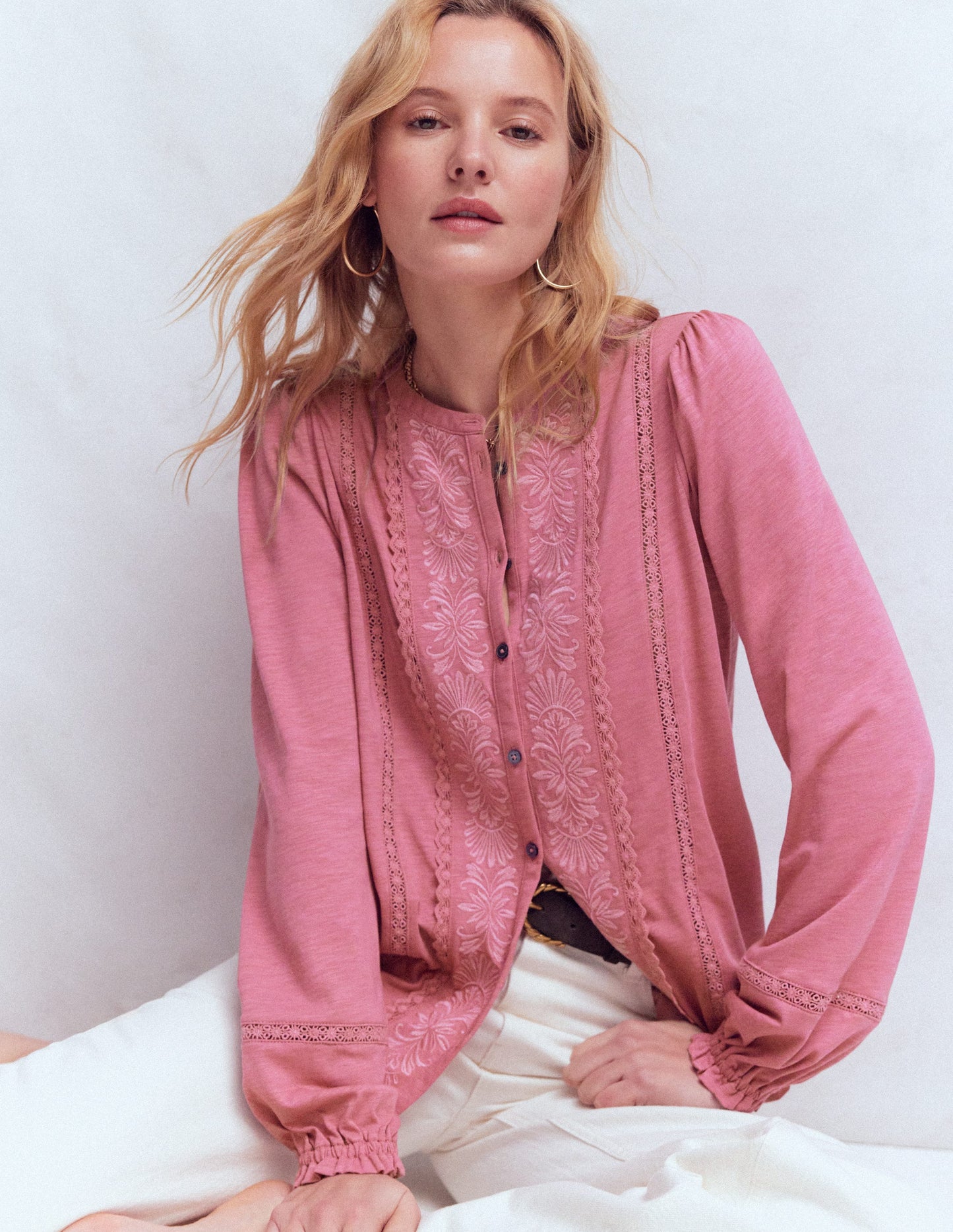 Chemise brodée en jersey-Bruyère rose