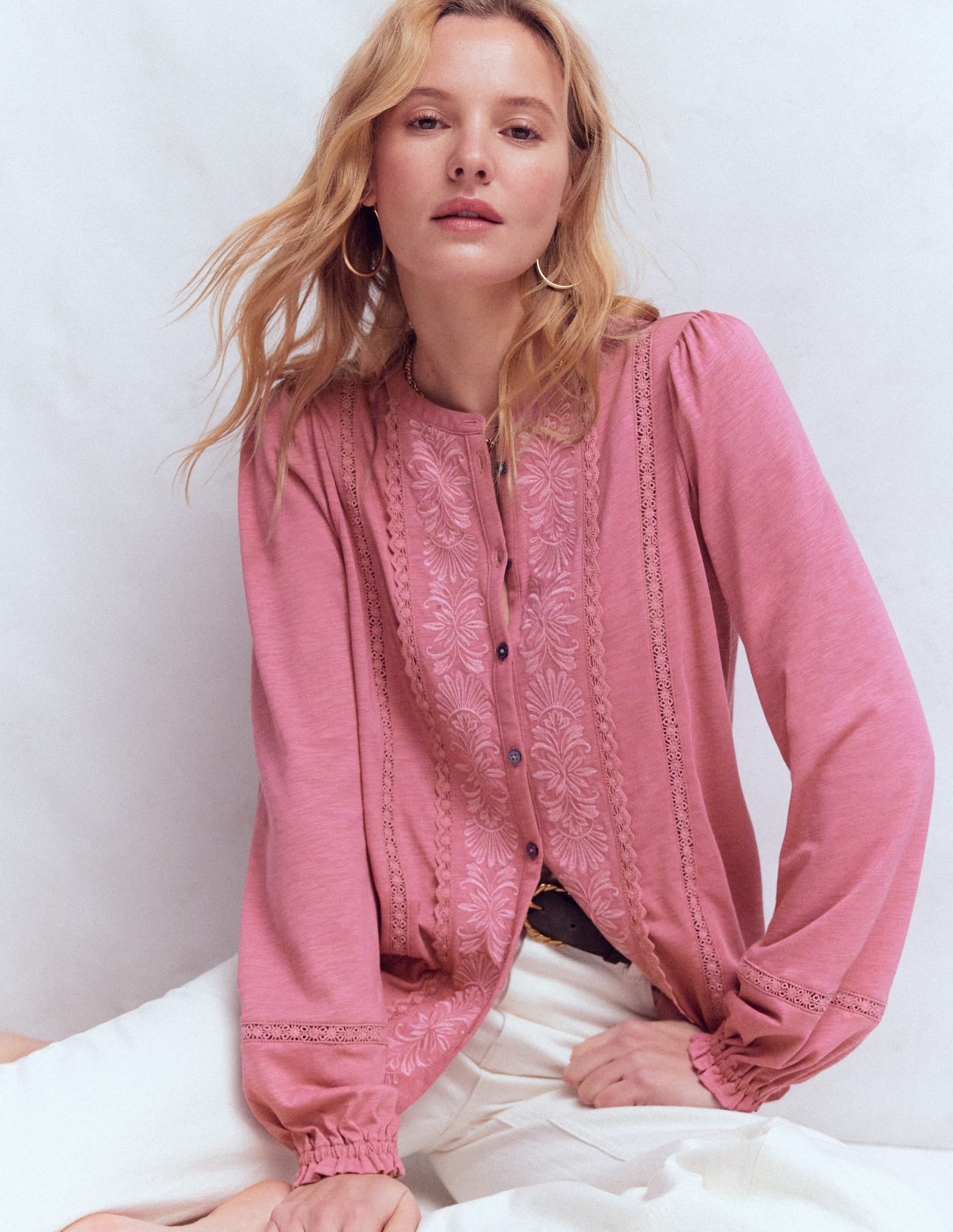 Chemise brodée en jersey-Bruyère rose - Image 1
