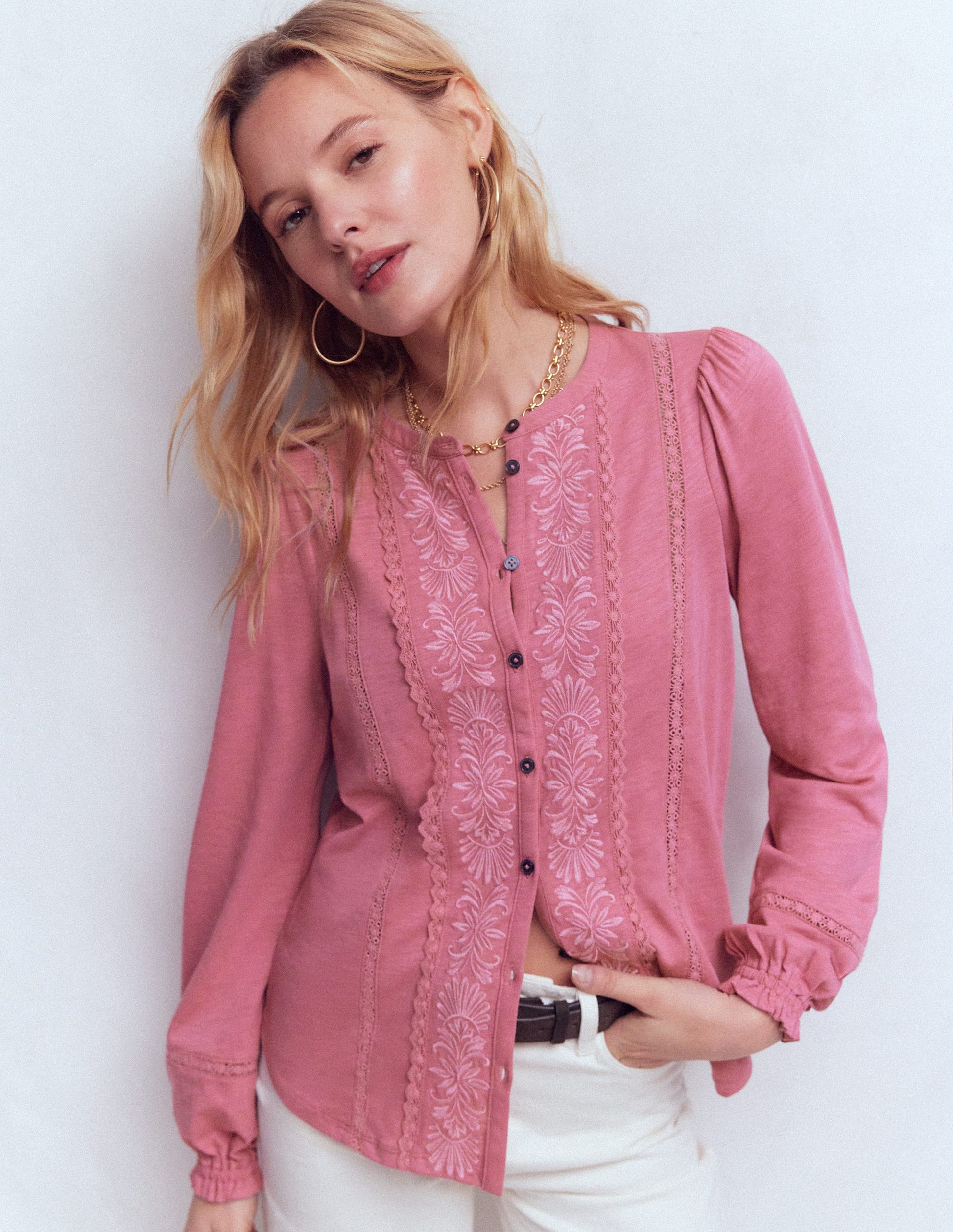 Chemise brodée en jersey-Bruyère rose-4