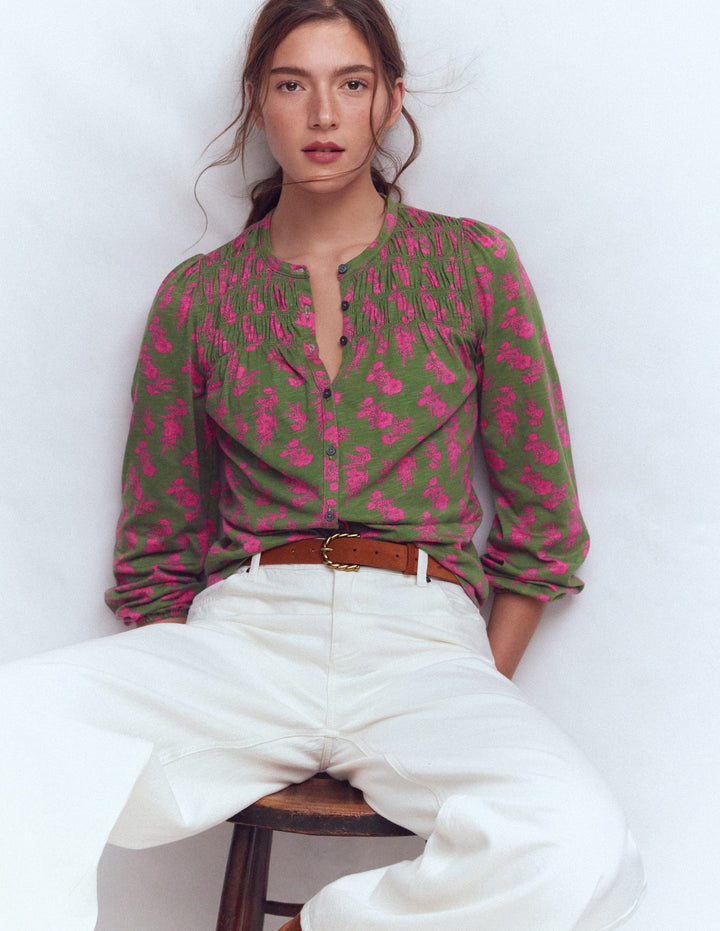 Mya Smocked Jersey Shirt-Olive, Blossomy Sprig