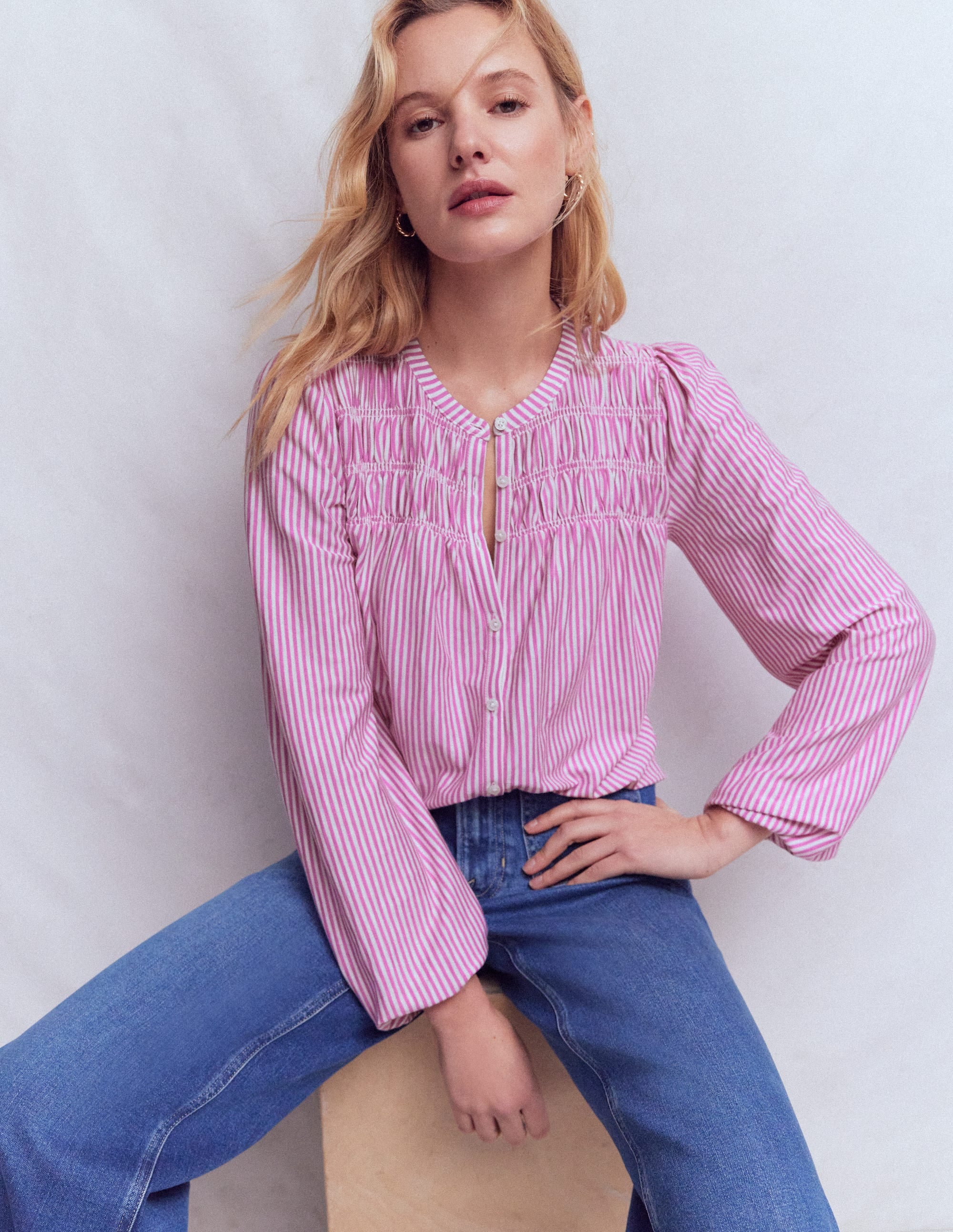 Chemise Mya smockée en jersey-Rayé violet trèfle et ivoire - Image 1