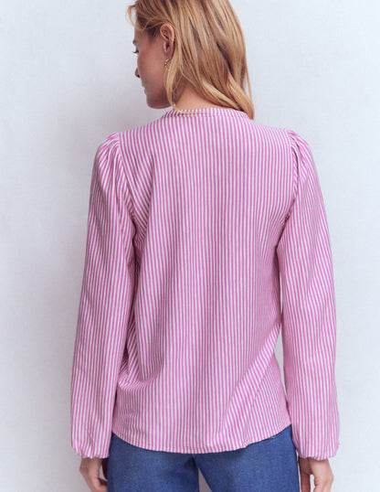 Mya Gesmoktes Jerseyhemd-Rotklee-Rosa und Naturweiß Streifen-3