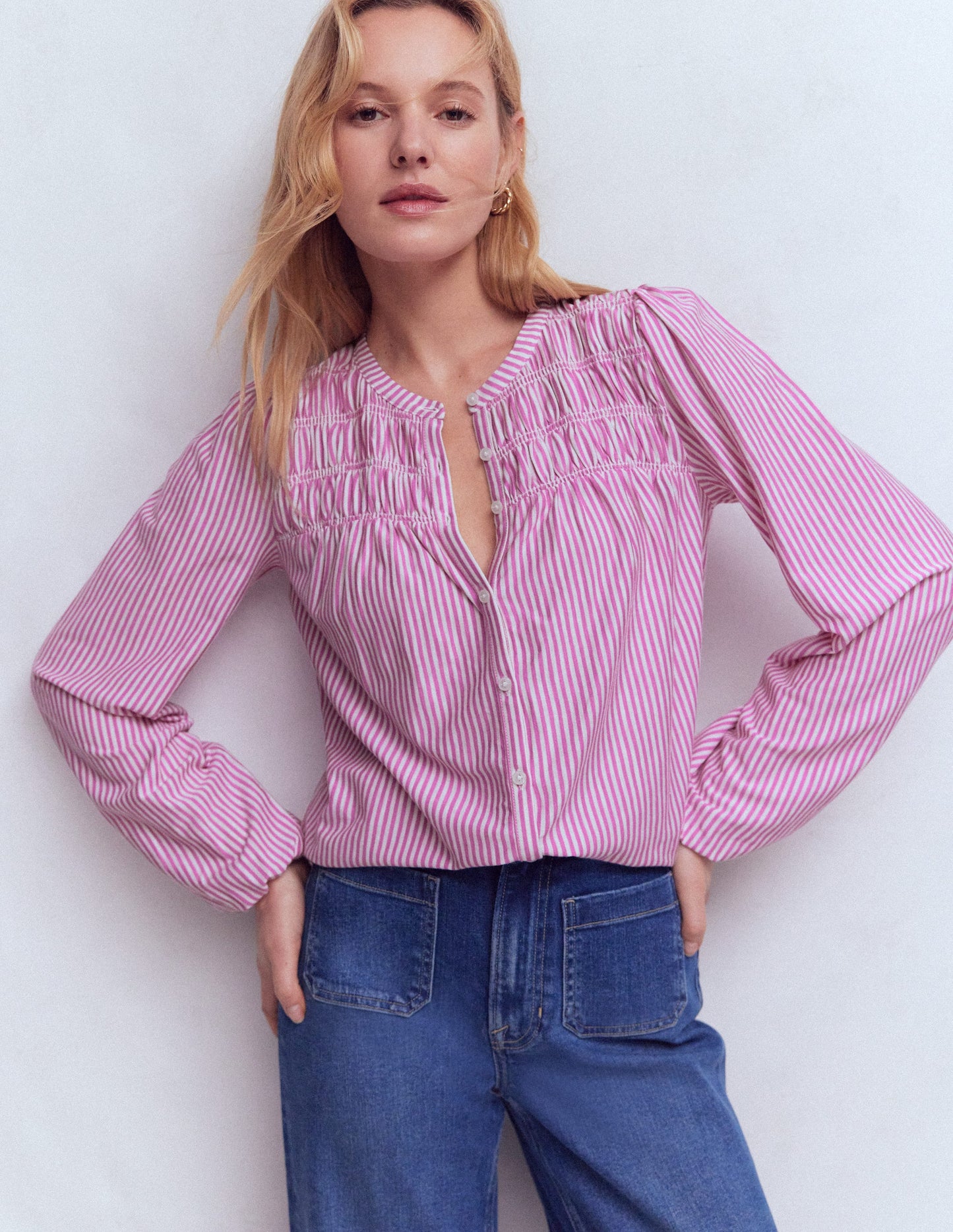 Mya Gesmoktes Jerseyhemd-Rotklee-Rosa und Naturweiß Streifen