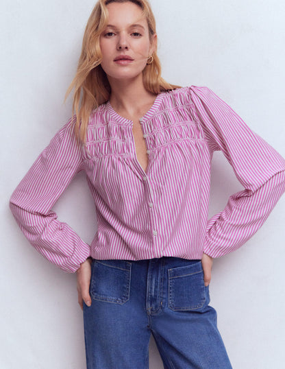 Mya Gesmoktes Jerseyhemd-Rotklee-Rosa und Naturweiß Streifen-4