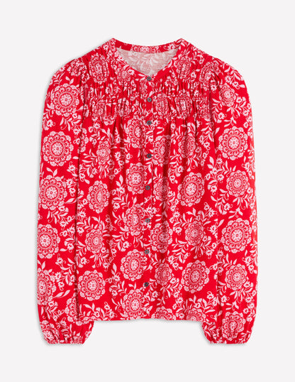 Mya Gesmoktes Jerseyhemd-Salsa-Rot, Dekorative Blüten-5