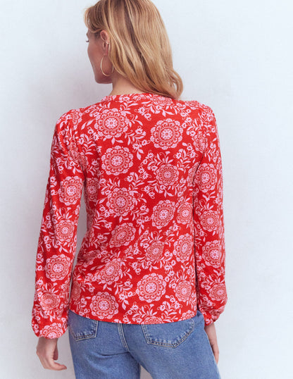 Mya Gesmoktes Jerseyhemd-Salsa-Rot, Dekorative Blüten-3