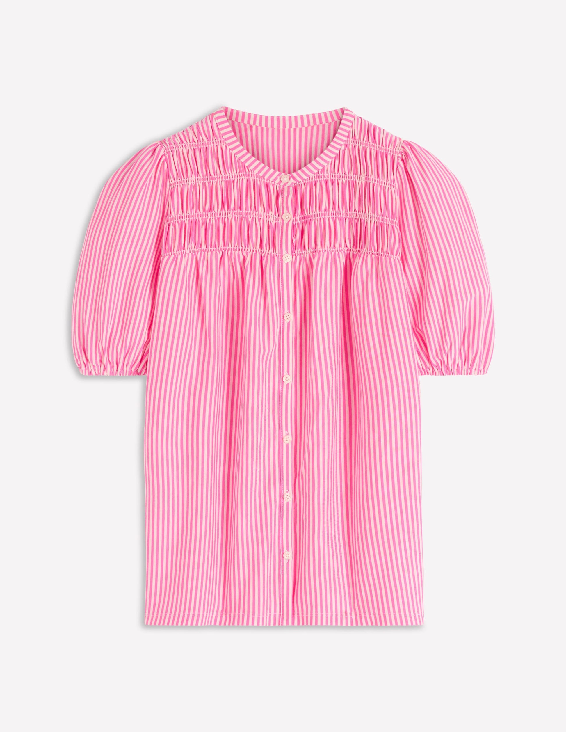 Mya Kurzärmeliges, gesmoktes Hemd-Kräftiges Rosa und Naturweiß Streifen-6