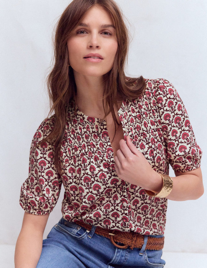 Mya Kurzärmeliges, gesmoktes Hemd-Erdbeerrosa, Blumengitter