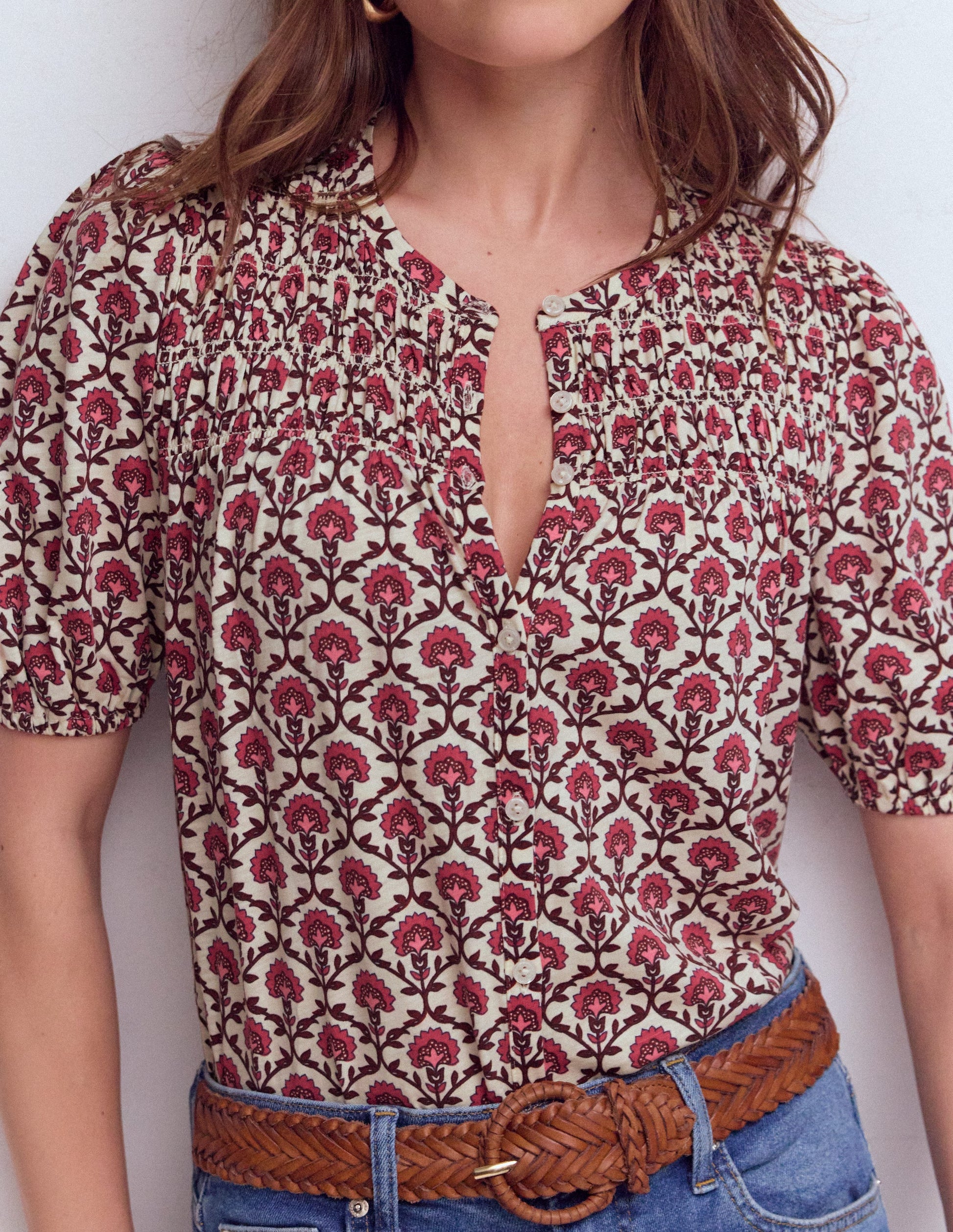 Mya Short Sleeve Smocked Shirt-Strawberry Pink,Flower Lattice-2