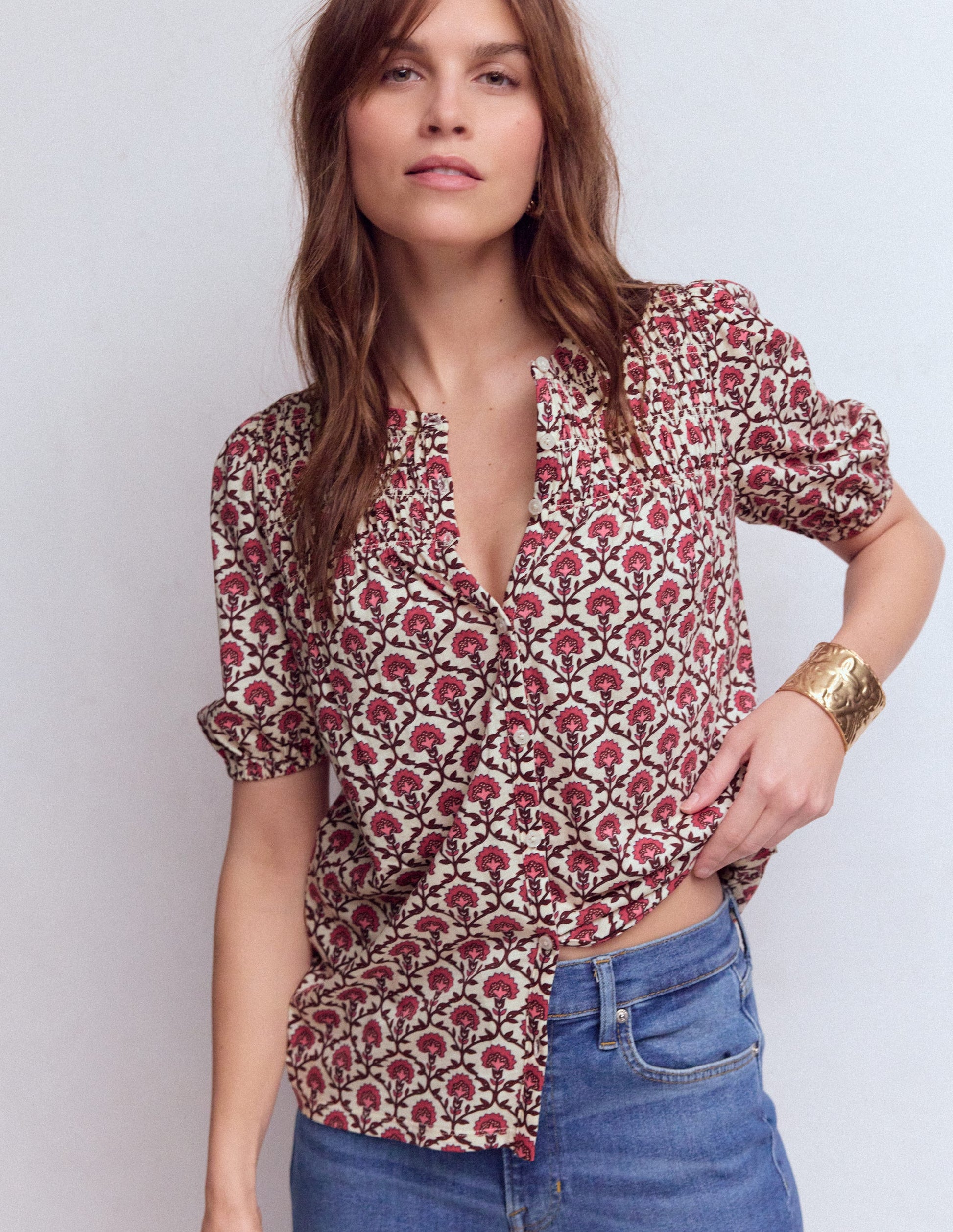 Mya Short Sleeve Smocked Shirt-Strawberry Pink,Flower Lattice-4