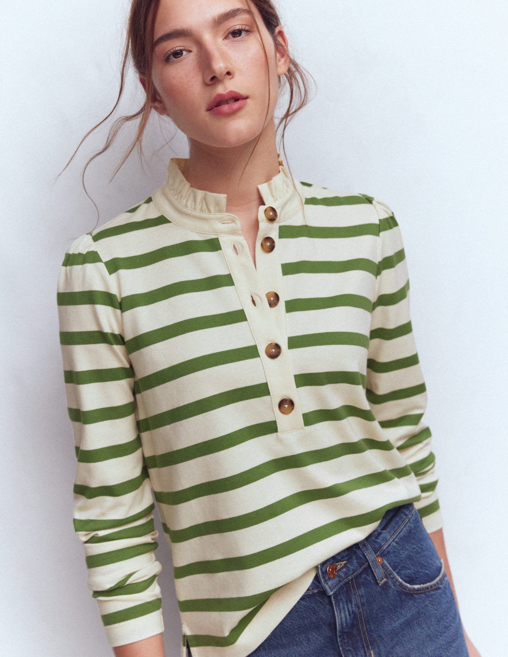Ruffle Collar Mariner-Ivory and Safari Green Stripe-1