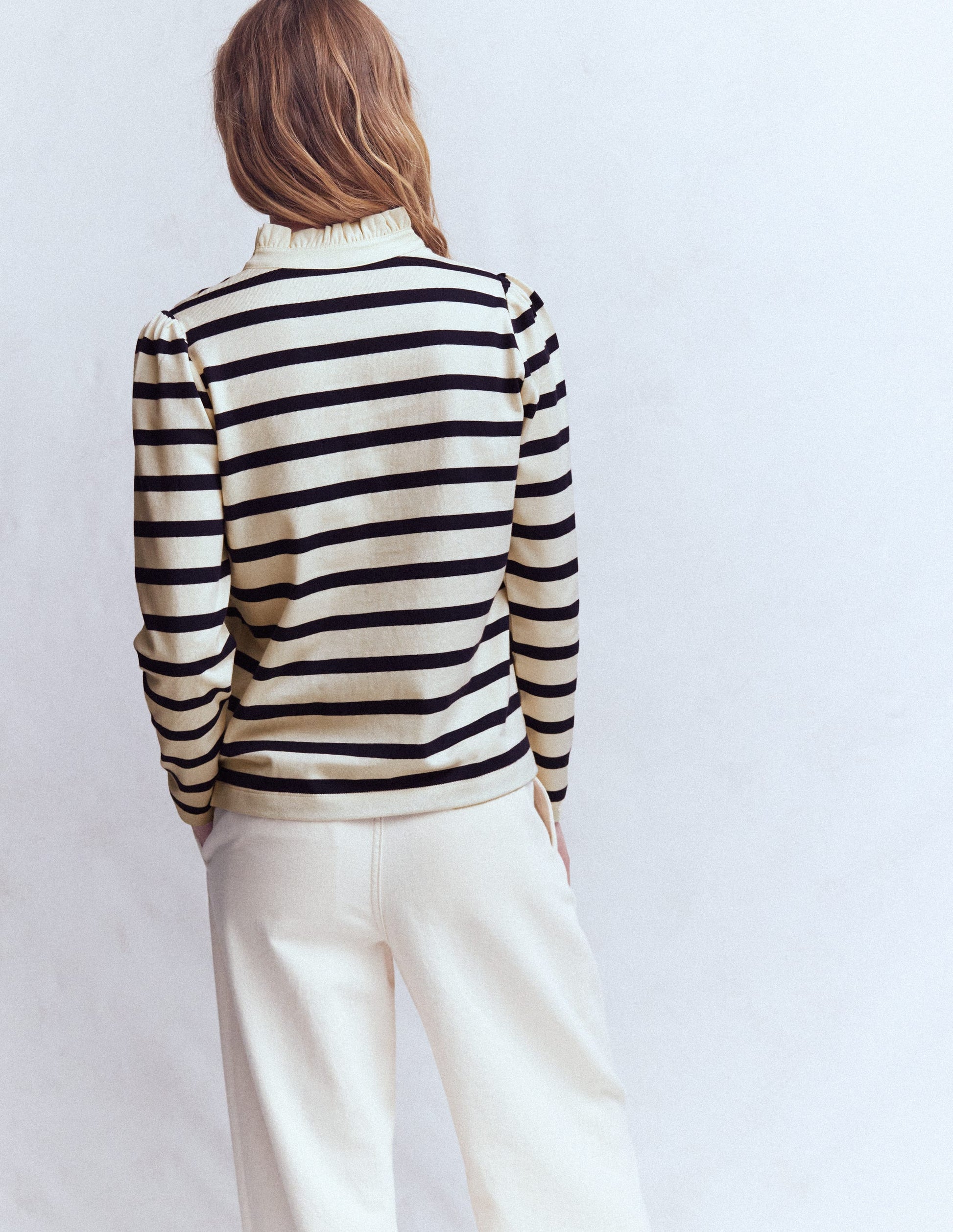 Marinière à col volanté-Ivoire et Bleu Marine Rayé-4