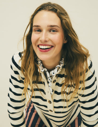 Marinière à col volanté-Ivoire et Bleu Marine Rayé-1