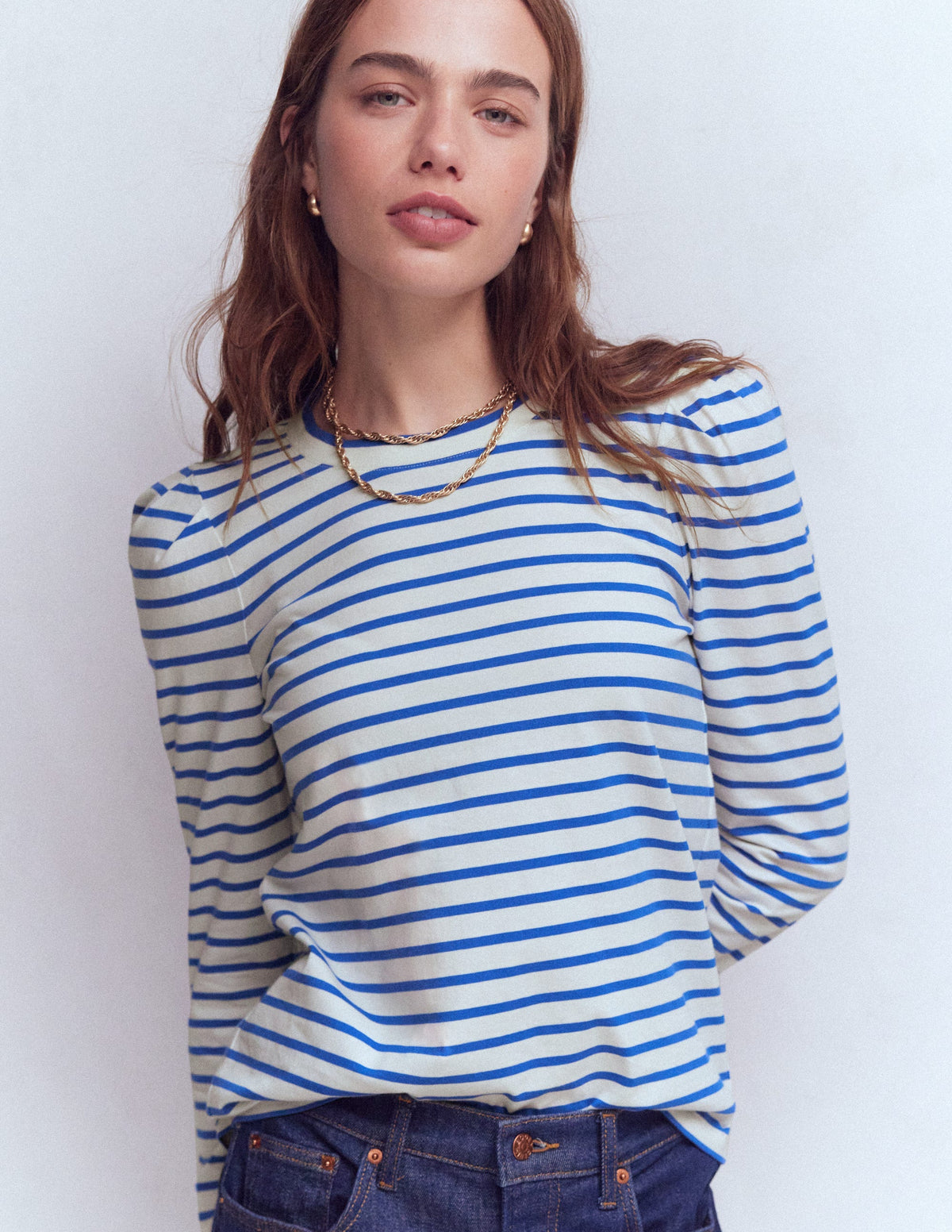 Pleat Sleeve Stripe Top-Beaucoup Blue and Ivory Stripe - Image 1
