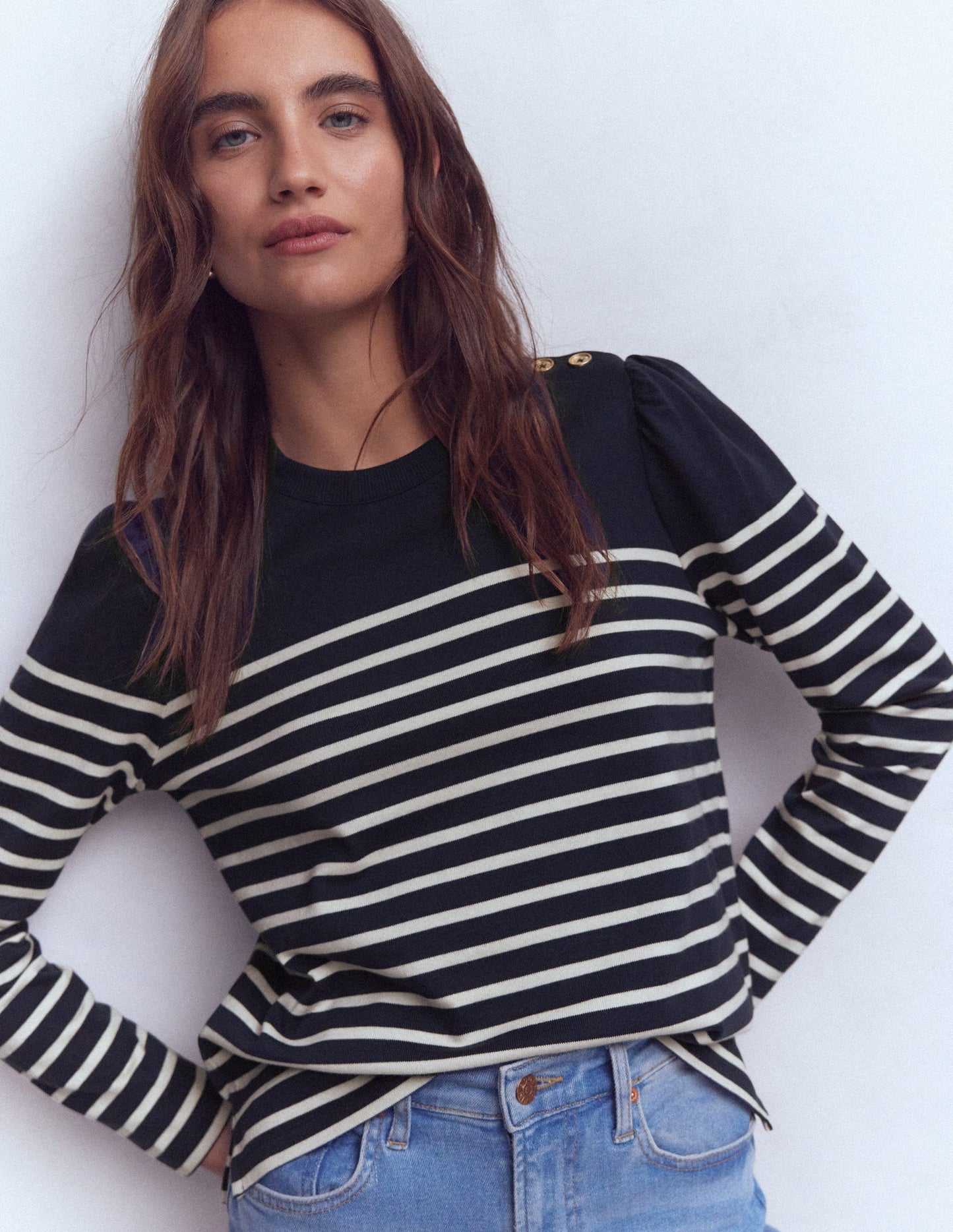 Button Shoulder Mariner-Navy and Ivory Stripe