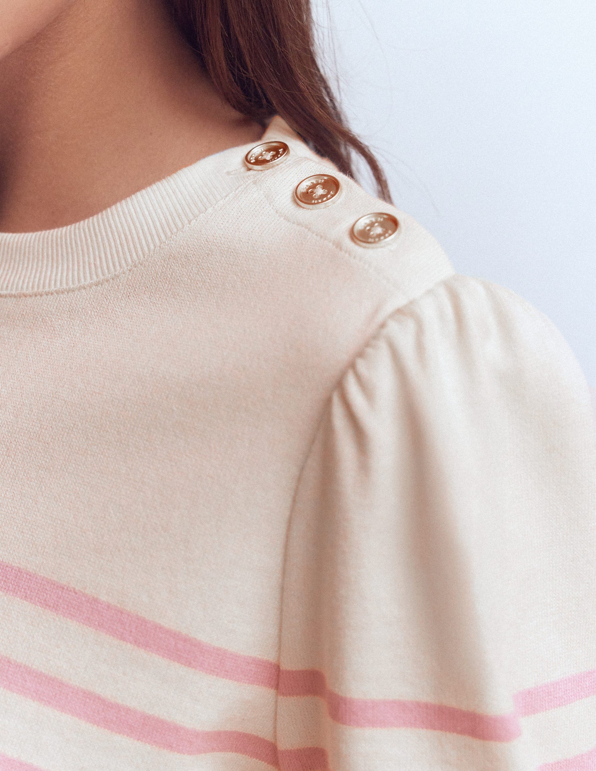 Maritimes Oberteil mit Knöpfen an der Schulter-Frühlingsblüte Rosa Streifen-2