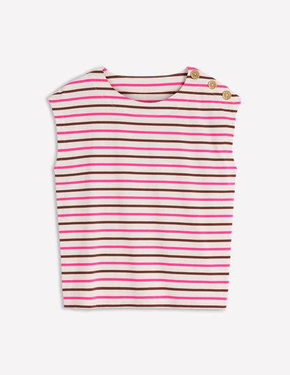 Button Detail T-Shirt-Pink Peony, Raw Umber Stripe-5