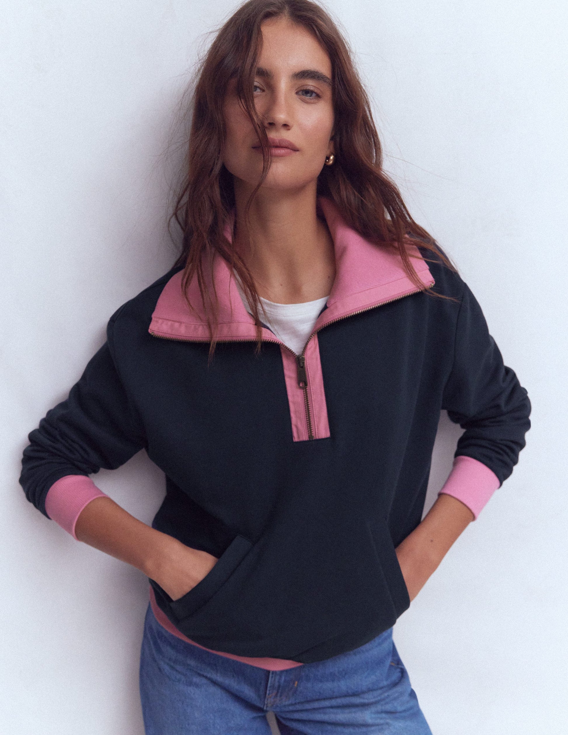 Sweat colourblock-Rose et bleu marine-1