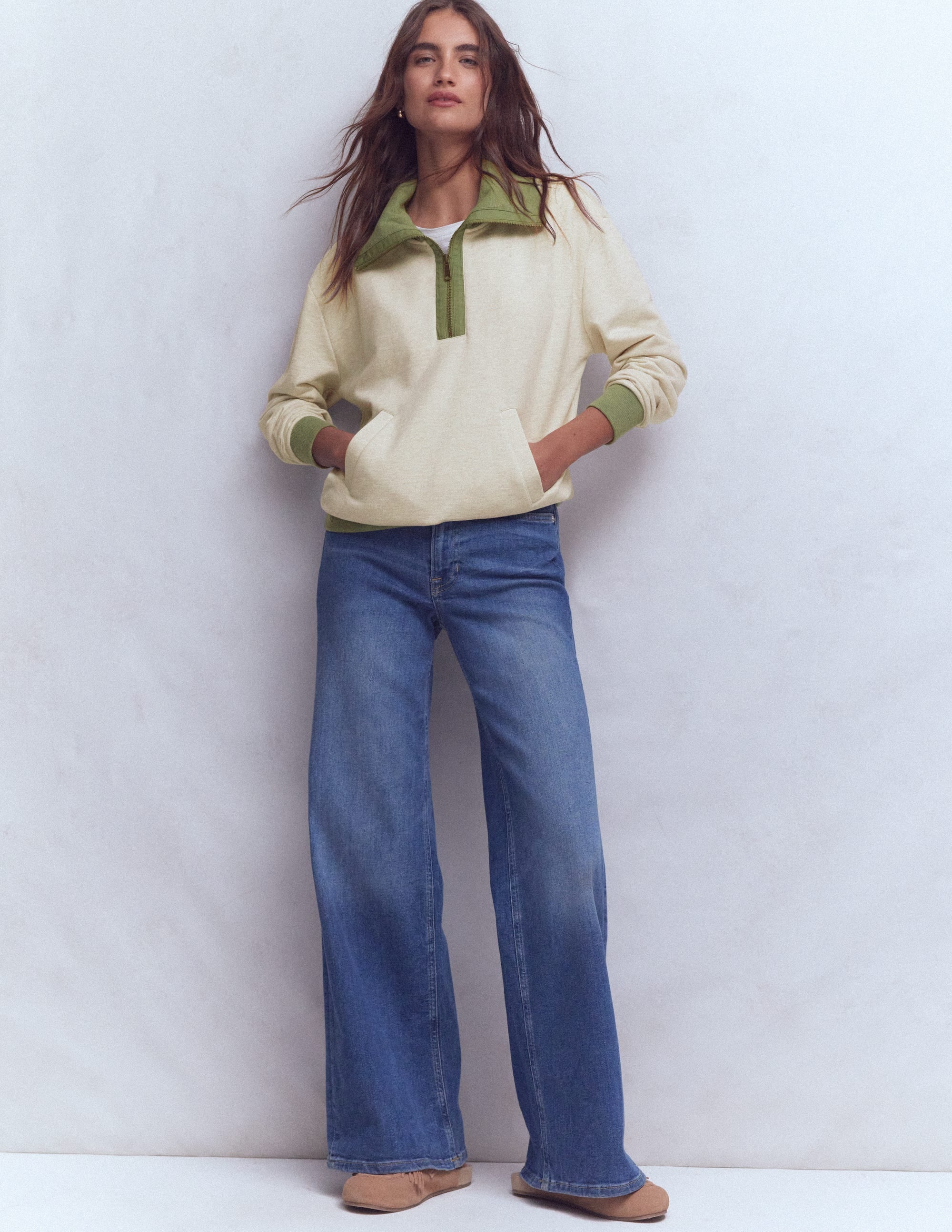 Sweatshirt in Blockfarben-Khaki und Haferbeige meliert - Image 1