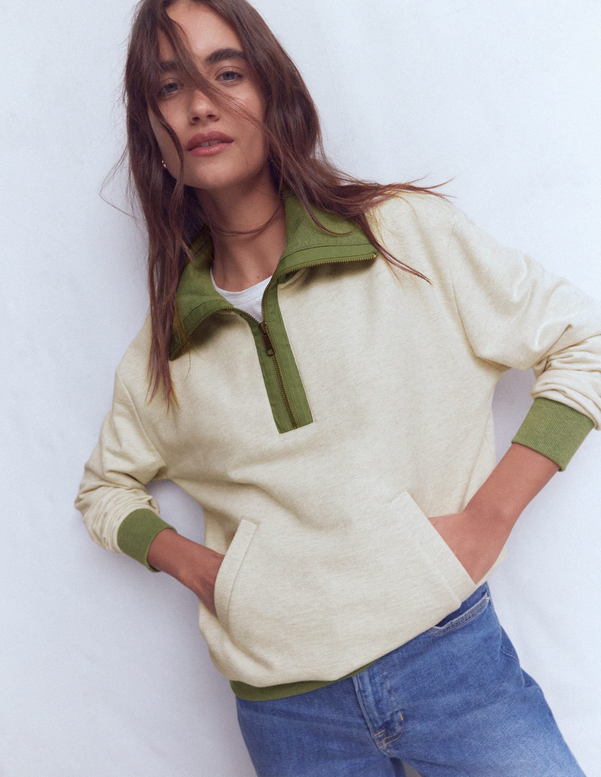 Sweatshirt in Blockfarben-Khaki und Haferbeige meliert - Image 4