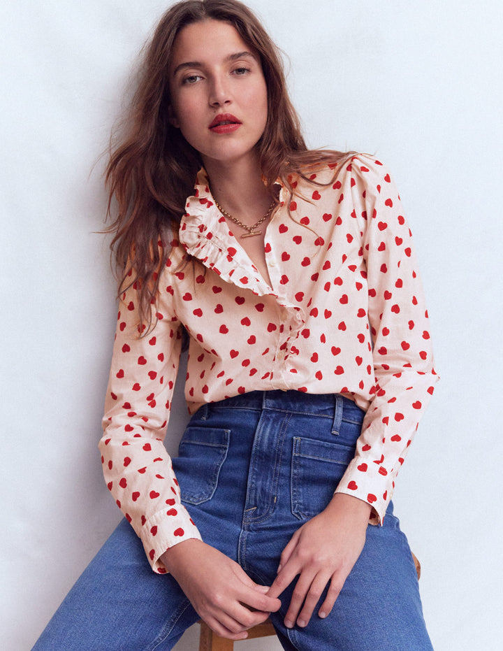 Isabel Ruffle Cotton Shirt-Ivory, Hearts