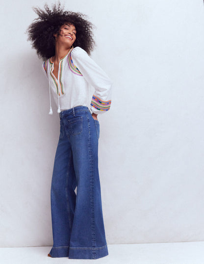 Besticktes Oberteil mit gekerbtem Ausschnitt-Weiß Bunt Stickerei-4