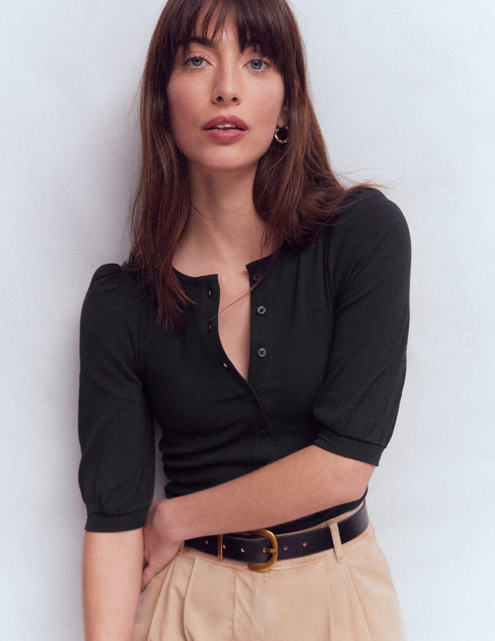 Evie Ribbed Puff Sleeve Top-Black