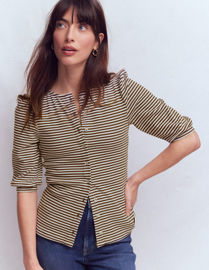 Evie Ribbed Puff Sleeve Top-Potting Soil, Ivory Stripe