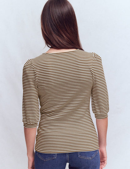 Top côtelé Evie à manches bouffantes-Terreau, rayé ivoire-3