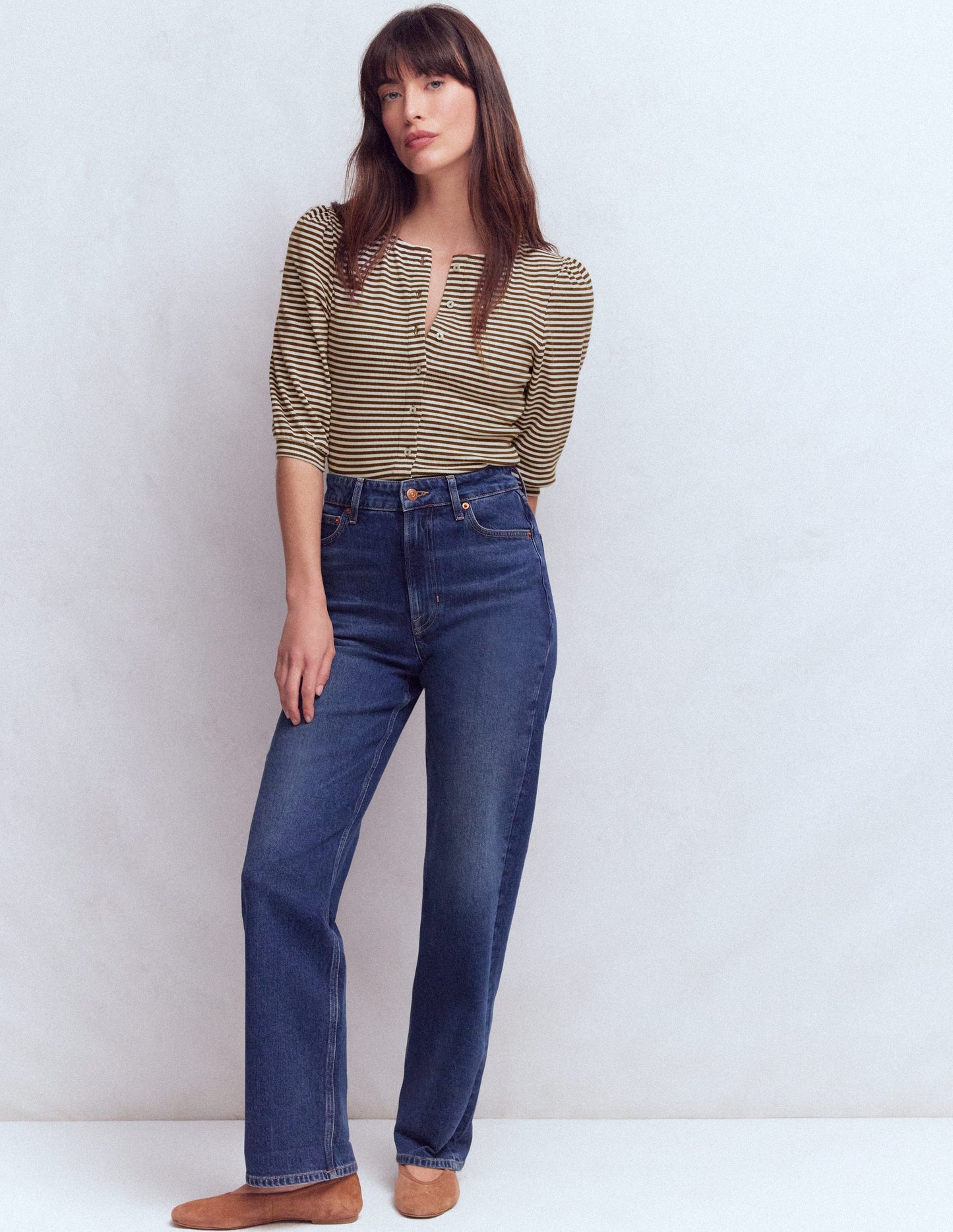 Top côtelé Evie à manches bouffantes-Terreau, rayé ivoire