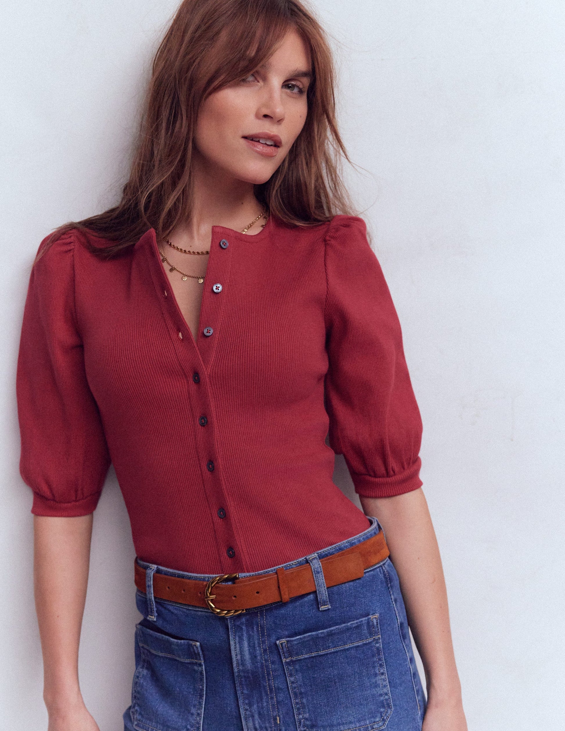 Evie Ribbed Puff Sleeve Top-Earth Red-1