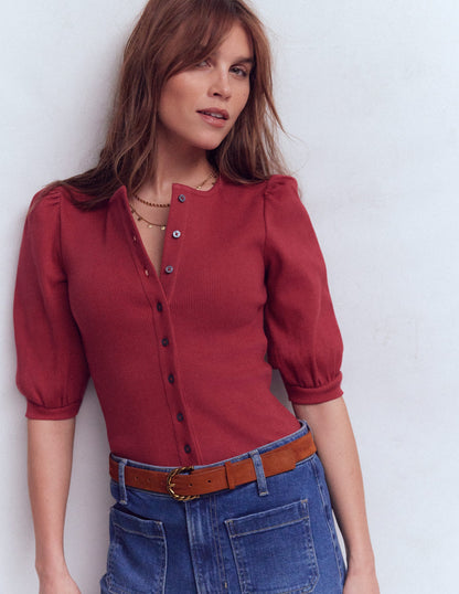 Evie Ribbed Puff Sleeve Top-Earth Red-1