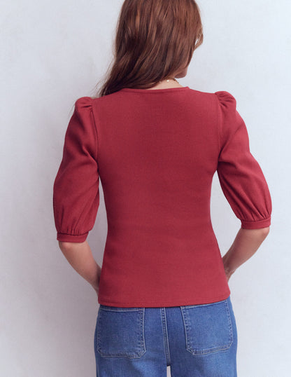 Evie Ribbed Puff Sleeve Top-Earth Red-3