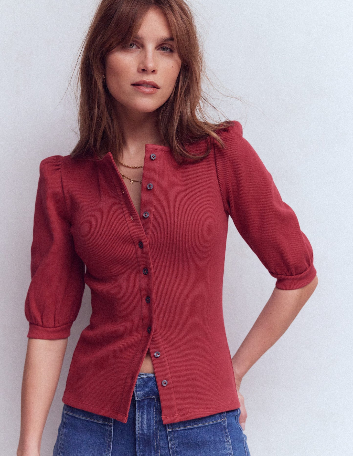 Evie Ribbed Puff Sleeve Top-Earth Red