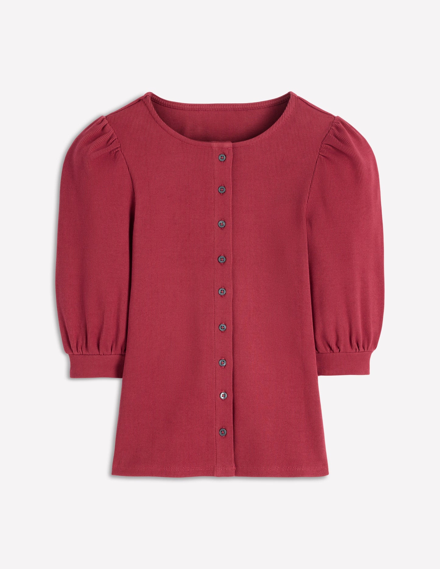 Evie Ribbed Puff Sleeve Top-Earth Red