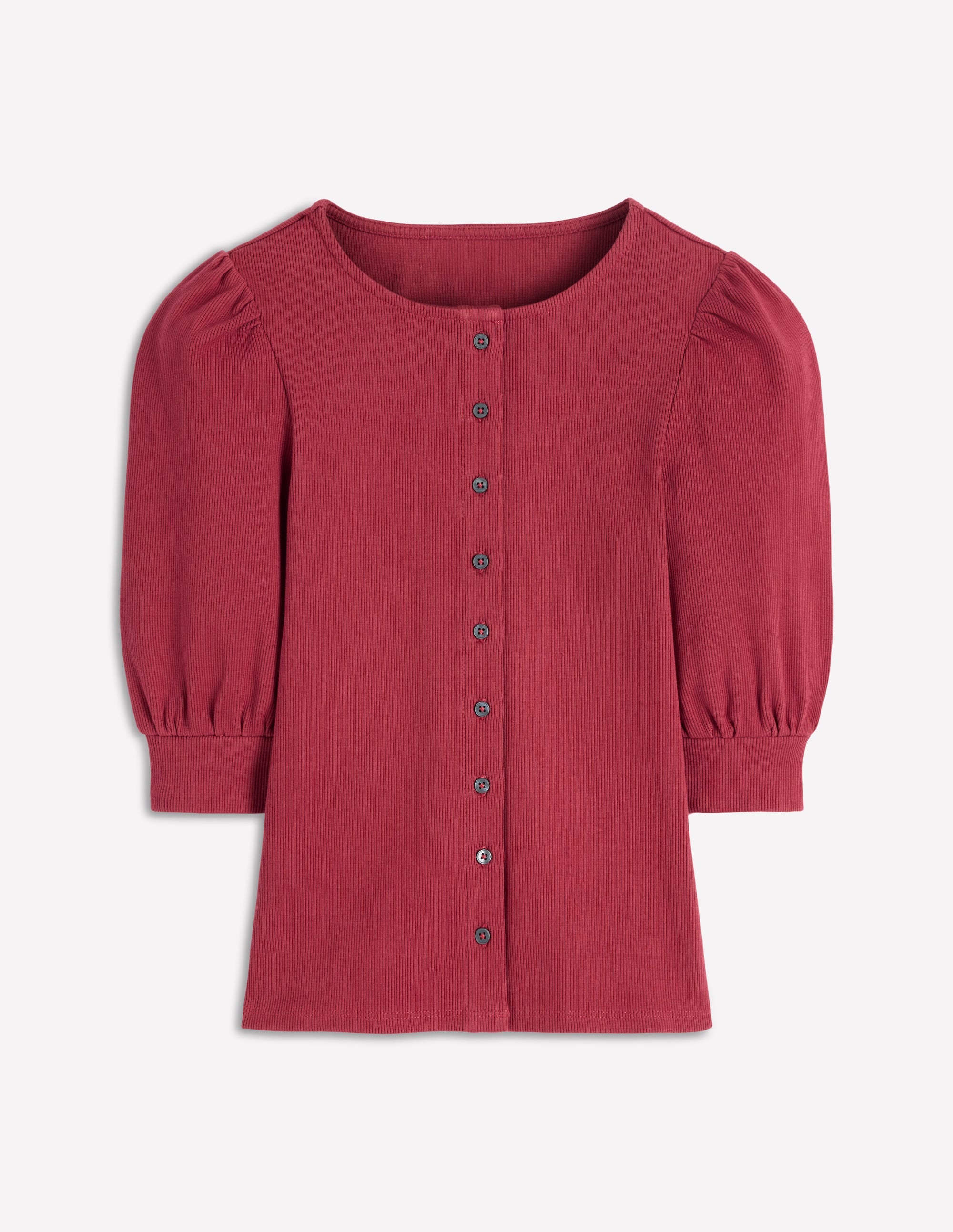 Evie Geripptes Oberteil mit Puffärmeln-Terrakotta-Rot - Image 6